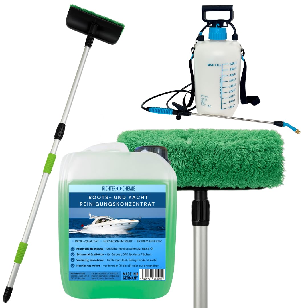 Richter Chemie Bootsreiniger Set XL – 5L Boot & Yacht Reiniger Konzentrat | inkl. Teleskop Waschbürste 240 cm, Drucksprüher, Mikrofasertuch & Schwamm, Außenreinigung für Boot, Yacht, Jetski, Wohnboot
