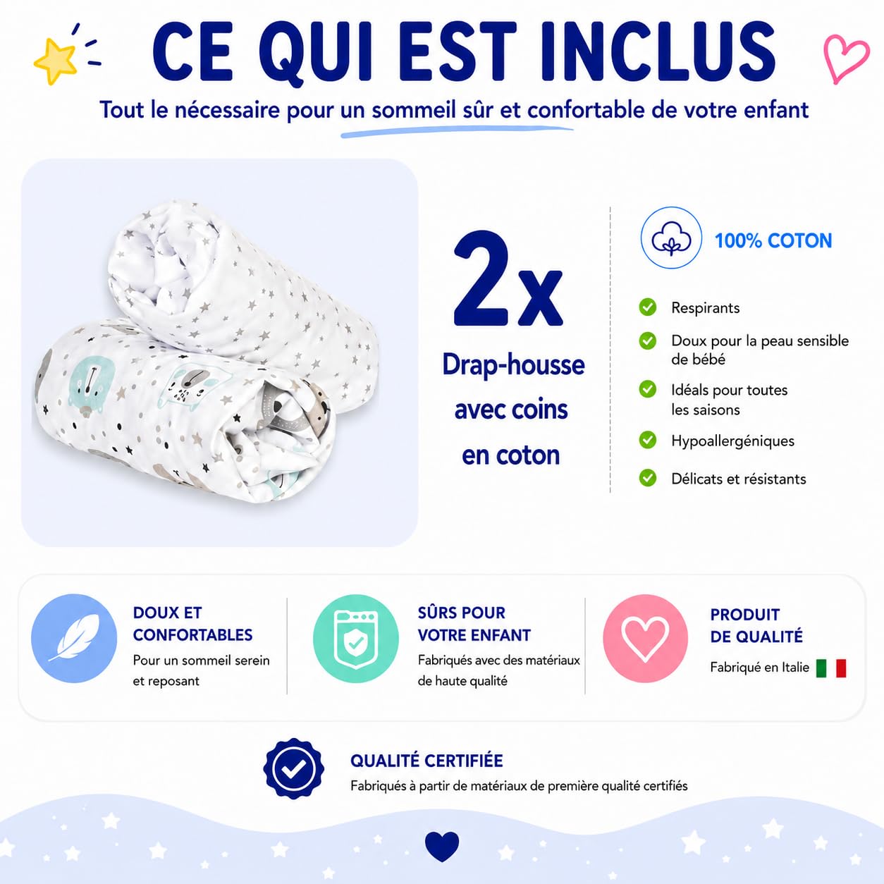 FlyIdeas Draps Housse 50x90 Cododo - Parure 2 Pcs 100% Coton, Alèse Protégé Matelas Compatible avec Berceau Cododo et Matelas 90x55 50x83 40x90 et similares