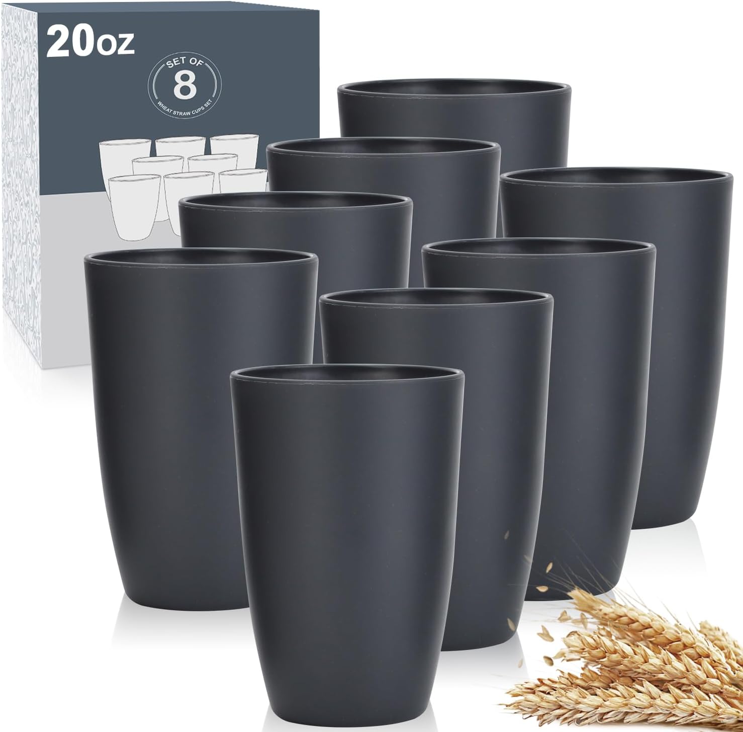 Wrova Wheat Straw Cups Set of 8 Good Alternative to Plastic Cups 20 oz Unbreakable Drinking Cup Reusable Tumbler Dishwasher Safe Water Glasses Black