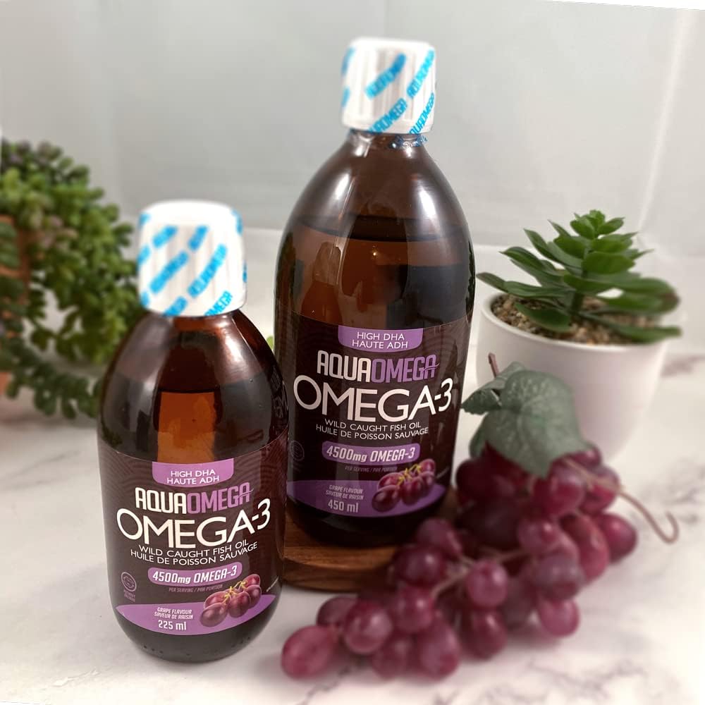 AquaOmega High DHA Omega-3 Dietary Supplement with Vitamin D, Grape Flavor – 4,500 mg of Omega-3’s per Serving