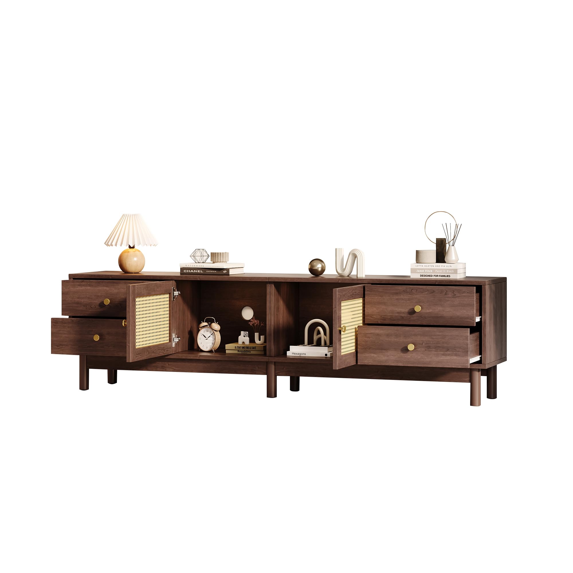Rattan-TV-Lowboard mit 4 Schubladen & 2 Türen, Dunkelbraun, 180 cm