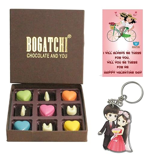 BOGATCHI Valentine Day Chocolate Box -I Love You- for Girlfriend- Boyfriend- Wife- Husband, 9pcs + Free Valentines Day Story Cards and Couple Key Chain
