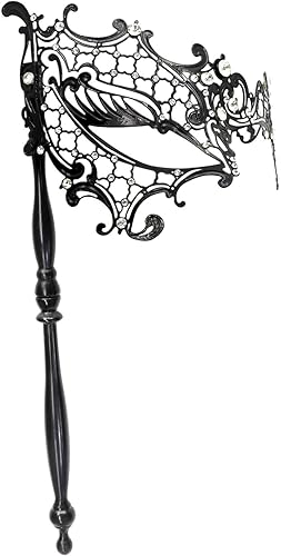 Miniatura 9 de Thmyo Máscara veneciana de fiesta de Mardi Gras de Halloween con palo de sujeción, máscara de mano con plumas de metal y diamantes de imitación
