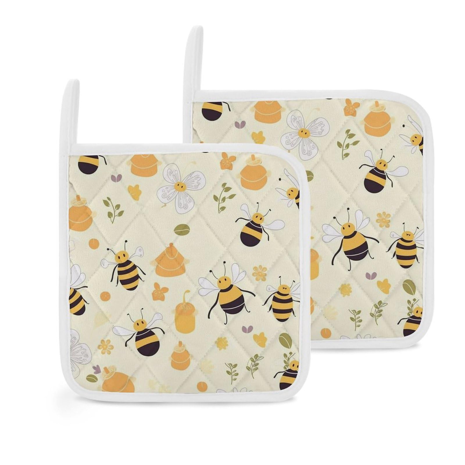 Pot Holders Set of 2 Kitchen Heat Resistant Potholders Cute Bees Honey Cotton Lining Oven Hot Pads for Cooking Baking BBQ Microwave Kitchen Accessories