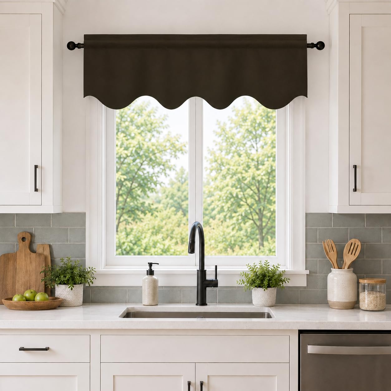 Aquazolax Blackout Window Valance Curtains for Living Room, Rod Pocket Scalloped Small Curtain Valances for Kitchen Bathroom, 52" W x 18" L, Toffee Brown, 1 Panel