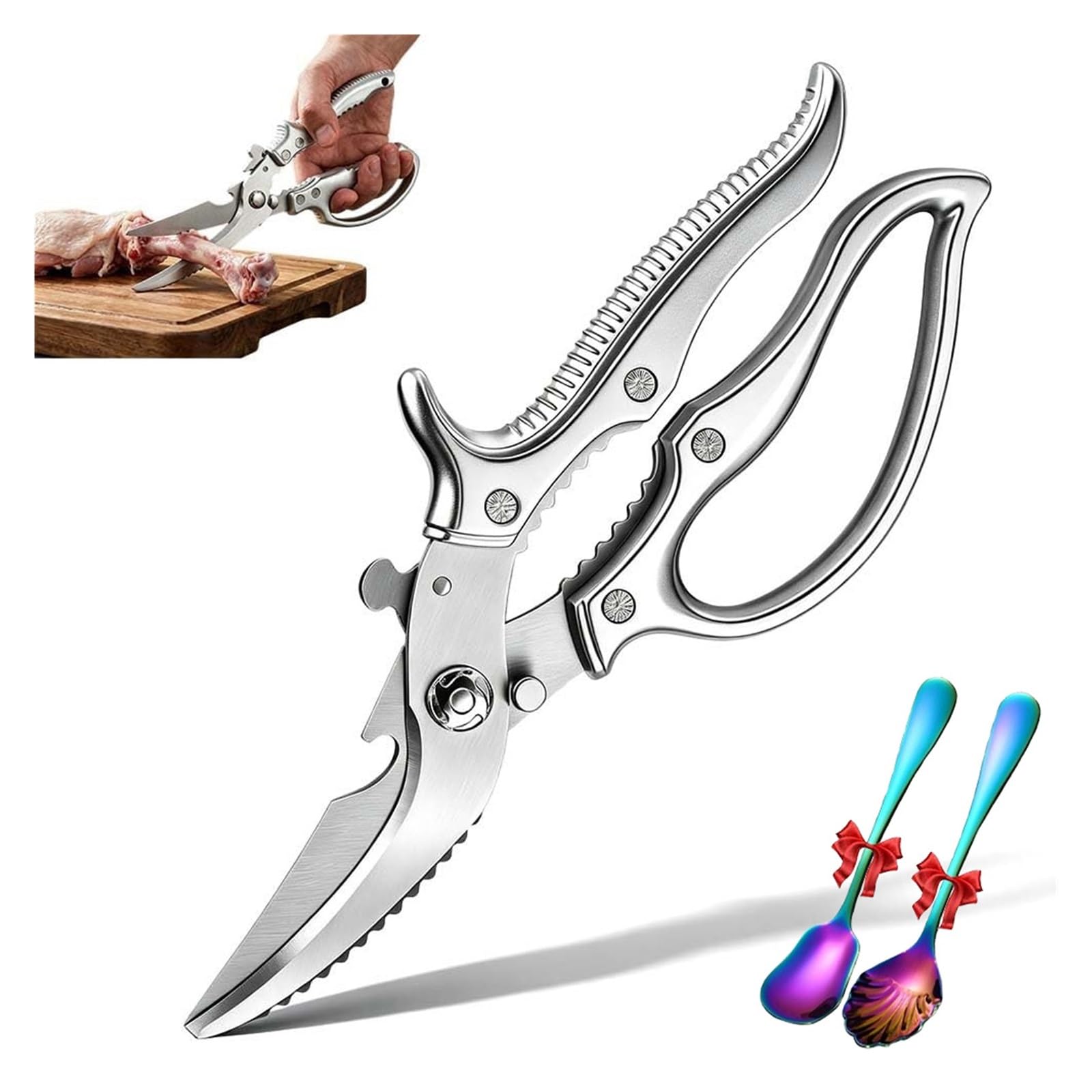 Heavy-Duty Multifunction Kitchen Scissors - Ultra Sharp Stainless Steel Shears with Built-in Bottle Opener,Includes a Beautiful Spoon Exquisite Choice