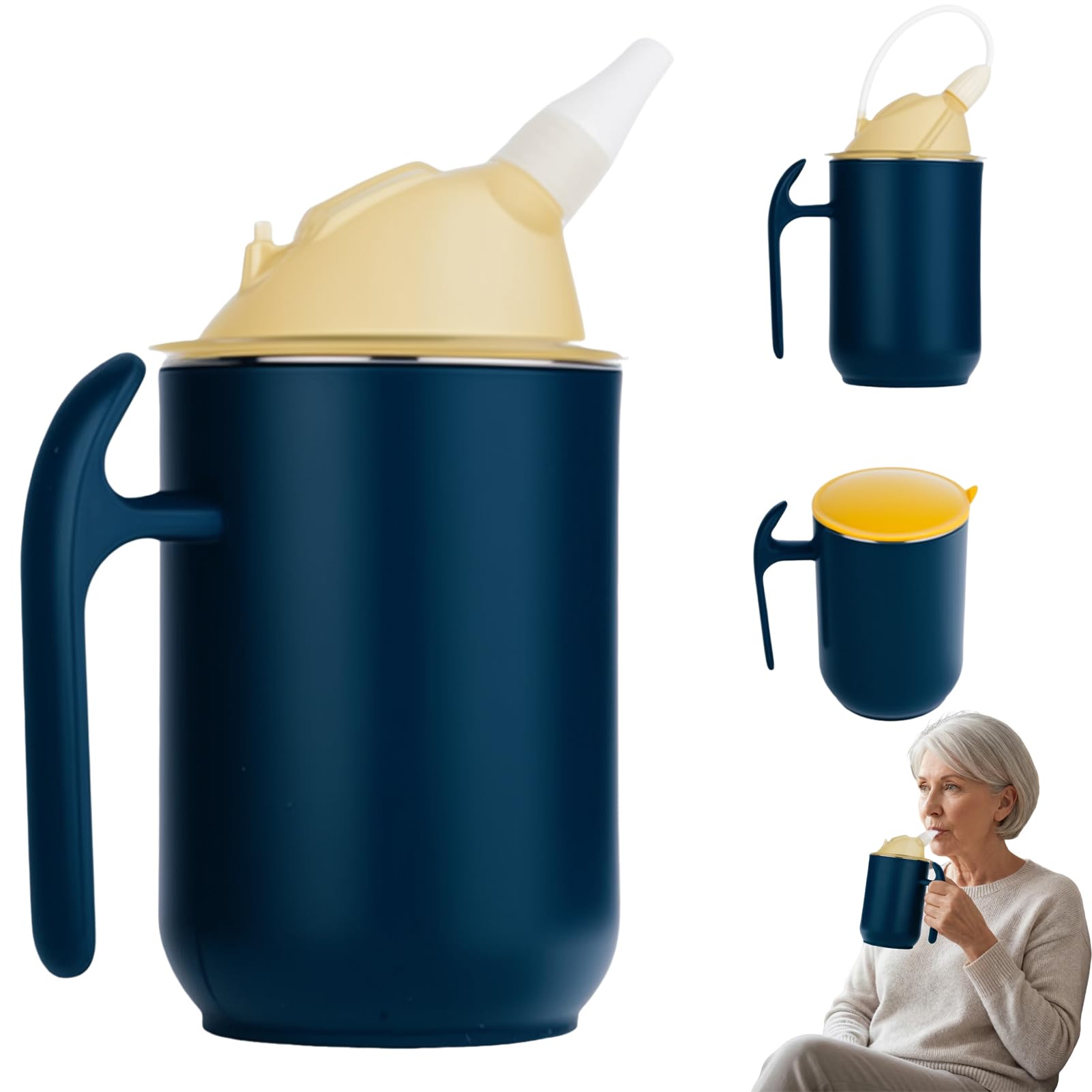 Kubek z dzióbkiem 3 w 1, dla seniorów, z uchwytem, 400 ml, szczelny kubek z dziobem ze stali nierdzewnej, pomoc w piciu dla dorosłych i seniorów (niebieska)