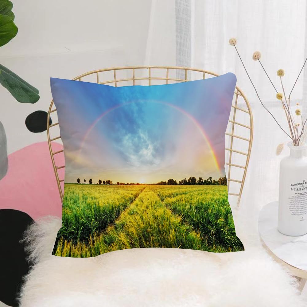HYMSXW Cushion Cover,Throw Pillow Case Home Decorative for Living Room Bedroom Sofa Chair 20X20 Inch,Farm decoration, rainbow in the sky over wheat field at sunset,Pillowcase 50X50cm