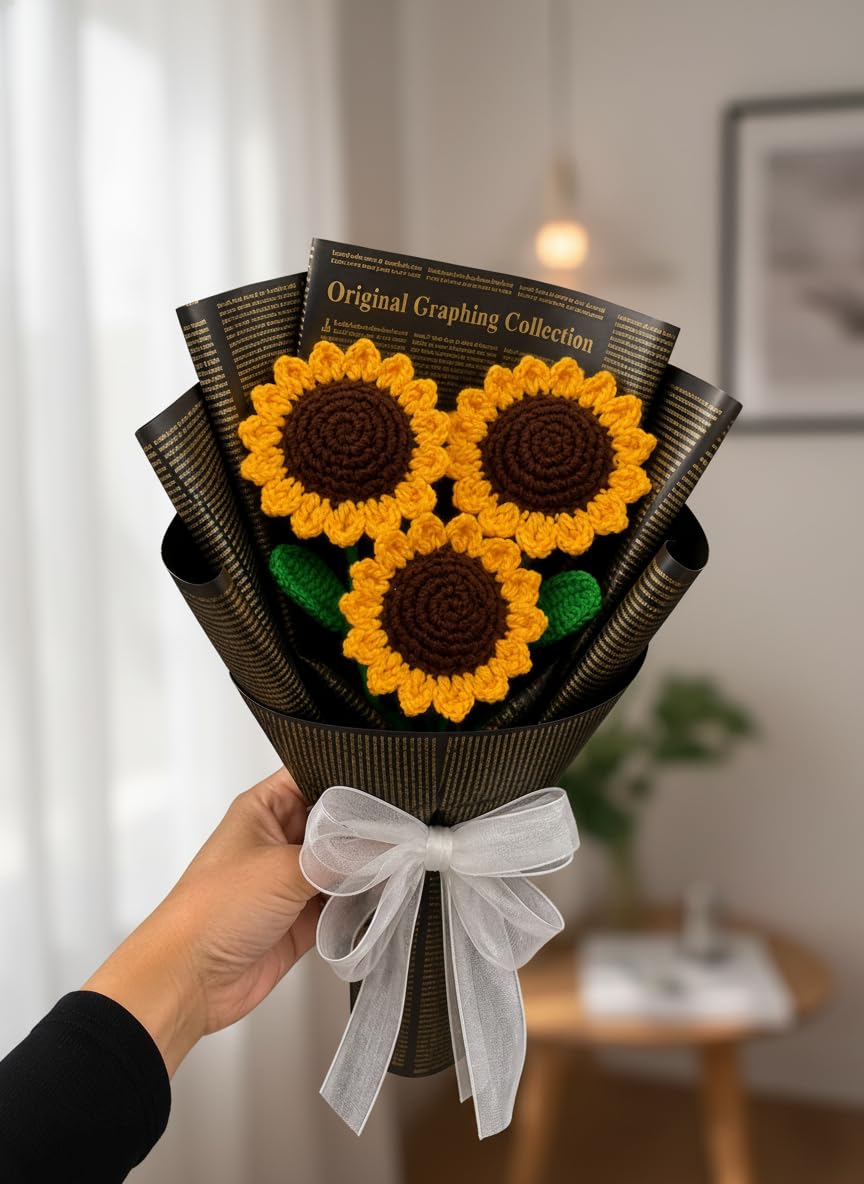 Premium Triple Sunflower Crochet Bouquet | Handmade Forever Flower Arrangement (Bouquet of 3 Flowers)-image-1