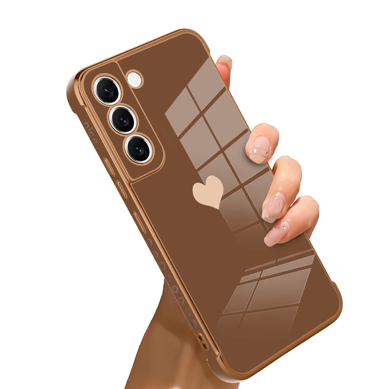 Bonoma Compatible with Samsung Galaxy S22 Case Love Heart Plating Electroplate Luxury Elegant Case Camera Protector Soft TPU Shockproof Protective Corner Back Cover Galaxy S22 Case -Brown