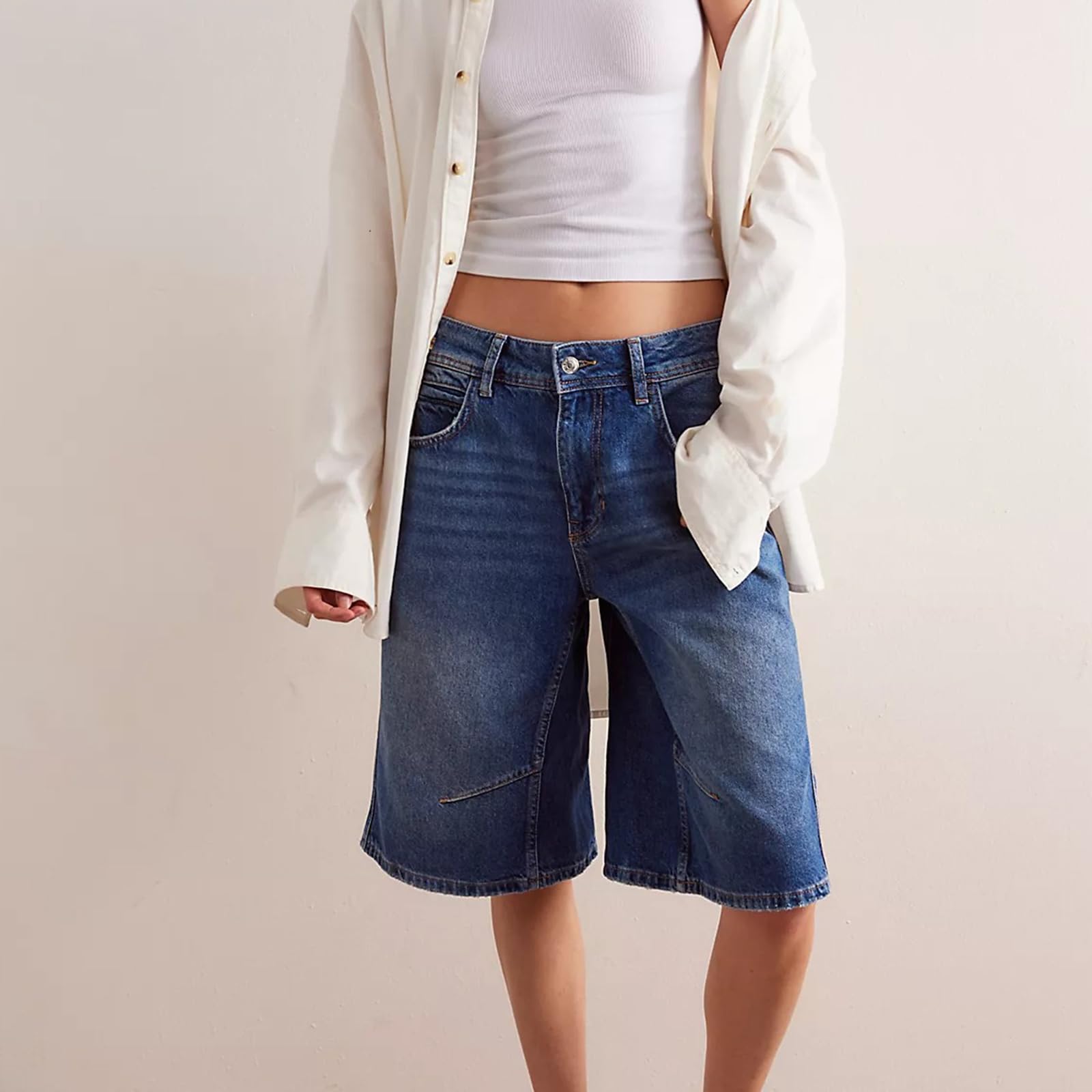 Short en jean ample pour femme - Longueur genou - Style décontracté - Motif cœur - Taille haute - Bermuda ample - Jambe large - Avec poches
