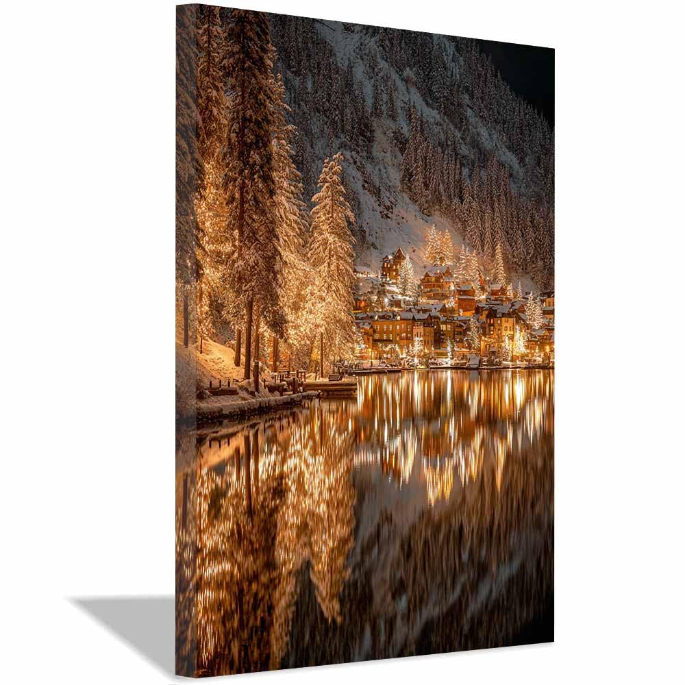 HOQIU Natural scenery wall art dWinter Mountainse Town decorative painting, wall art, for Living Room Bathroom Bedroom Kitchen Decoration.(Multicolor)-80x120cm Framed