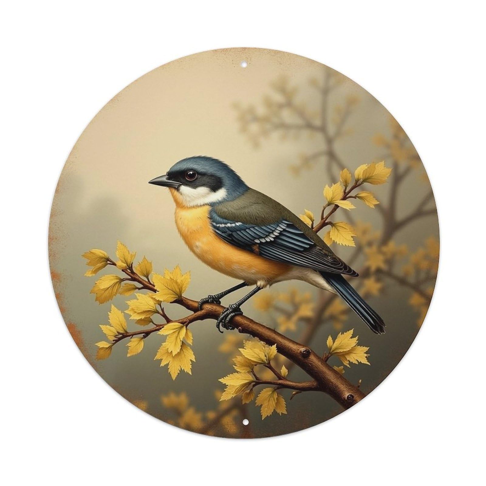 Bird Perched On Autumn Branch Vintage Metal Tin Sign Retro Wall Decor for Home Bar Garage Cafe, Indoor & Outdoor Decorative，circle Metal Poster, 8x8 Inch