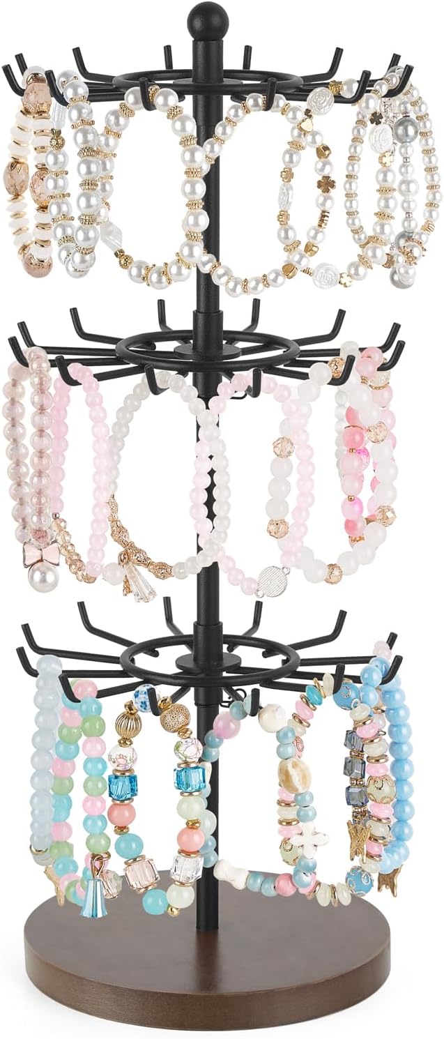 Mkono Bracelet Holder Gold Metal Rotating Bracelet Display Stand 3 Tier Jewelry Tower rack with 36 Hooks and Wood Base Modern Adjustable Storage Organizer Tree for Selling Bangle Accessories