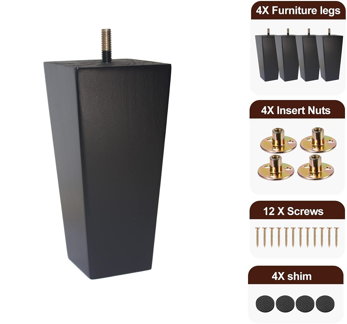 Black Sofa Legs-Furniture Legs 6 inch,Square Couch Legs Pack of 4- Wood Furniture feet,Sofa Replacement Parts,Wooden Chair Legs,for Furniture or DIY Projects