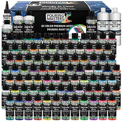 Pouring Masters 84-Color Ready to Pour Acrylic Pouring Paint Set with Silicone Oil & Gloss Medium - Premium Pre-Mixed High Flow 2-Ounce Bottles - All Metallic and Solids Colors for Canvas, Wood Cover
