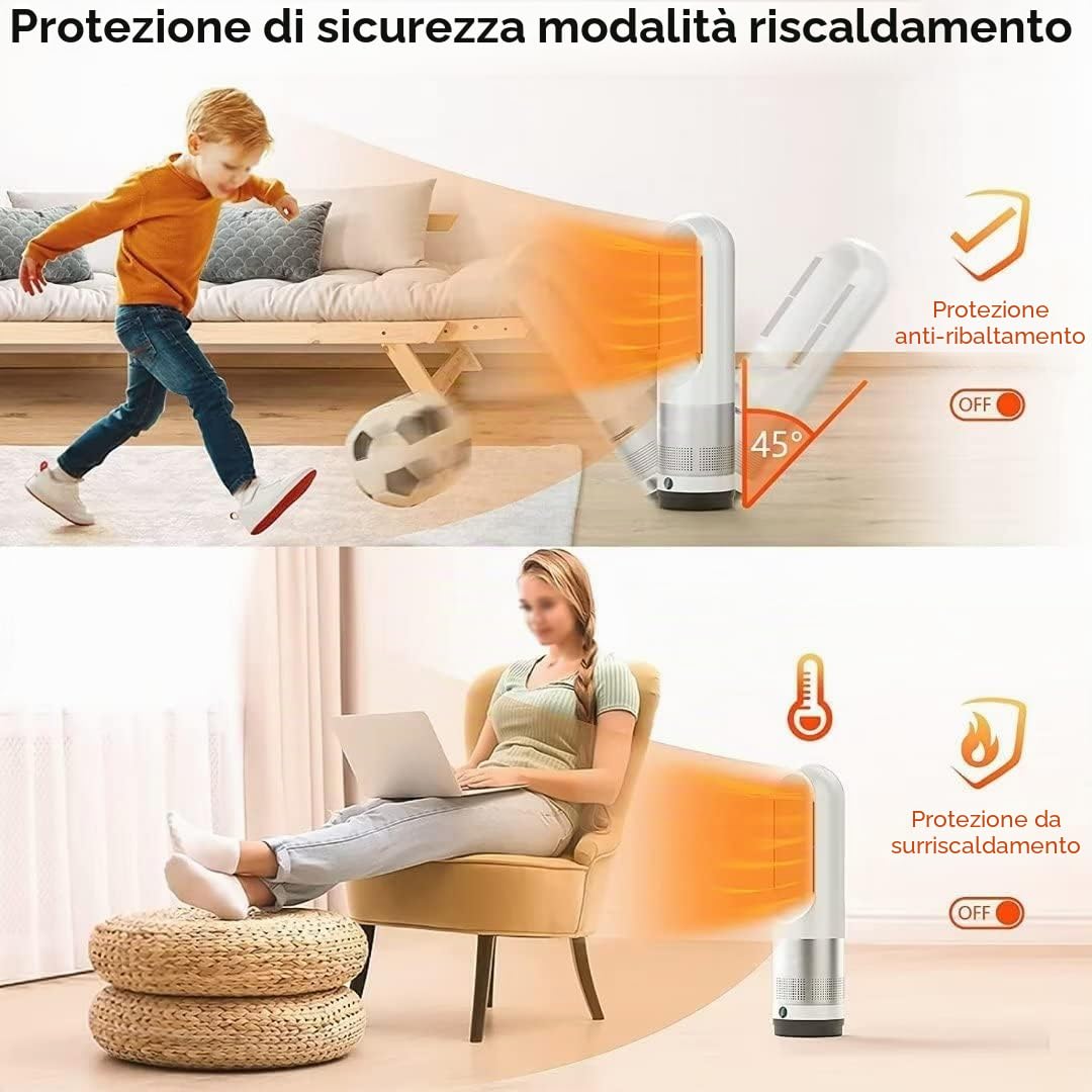 Termoventilatore Senza Pale Torre Calda Fredda purificatore d'Aria Telecomando Timer 8ore velocità oscillante 18" 80°ventilatori circolanti Interni Ufficio Camera Letto casa