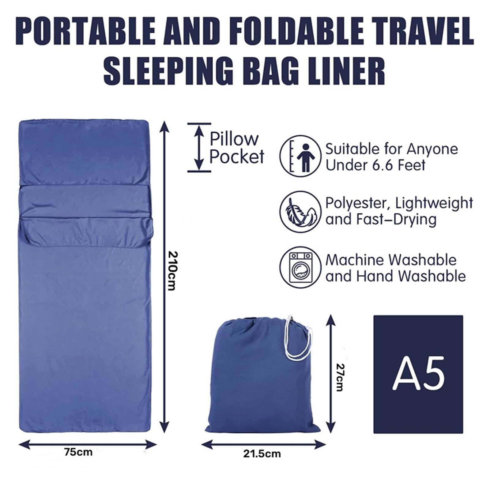 Fodera per Sacco a Pelo Sacco a Pelo Portatile Leggero in Cotone con Fodera for Sacco a Pelo da Viaggio con Fessura for Cuscino, Accessori for Zaino in Spalla e Campeggio(Deep Blue)