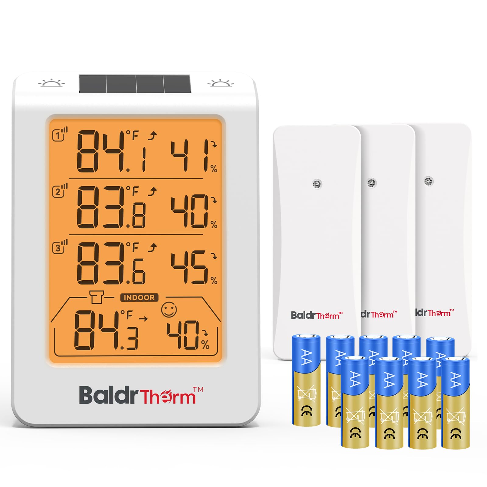 BaldrTherm Thermomètre hygromètre sans fil à trois canaux, grand écran de température et d'humidité, rétroéclairage automatique intelligent, portée de 100,6 m et alertes en temps réel pour intérieur