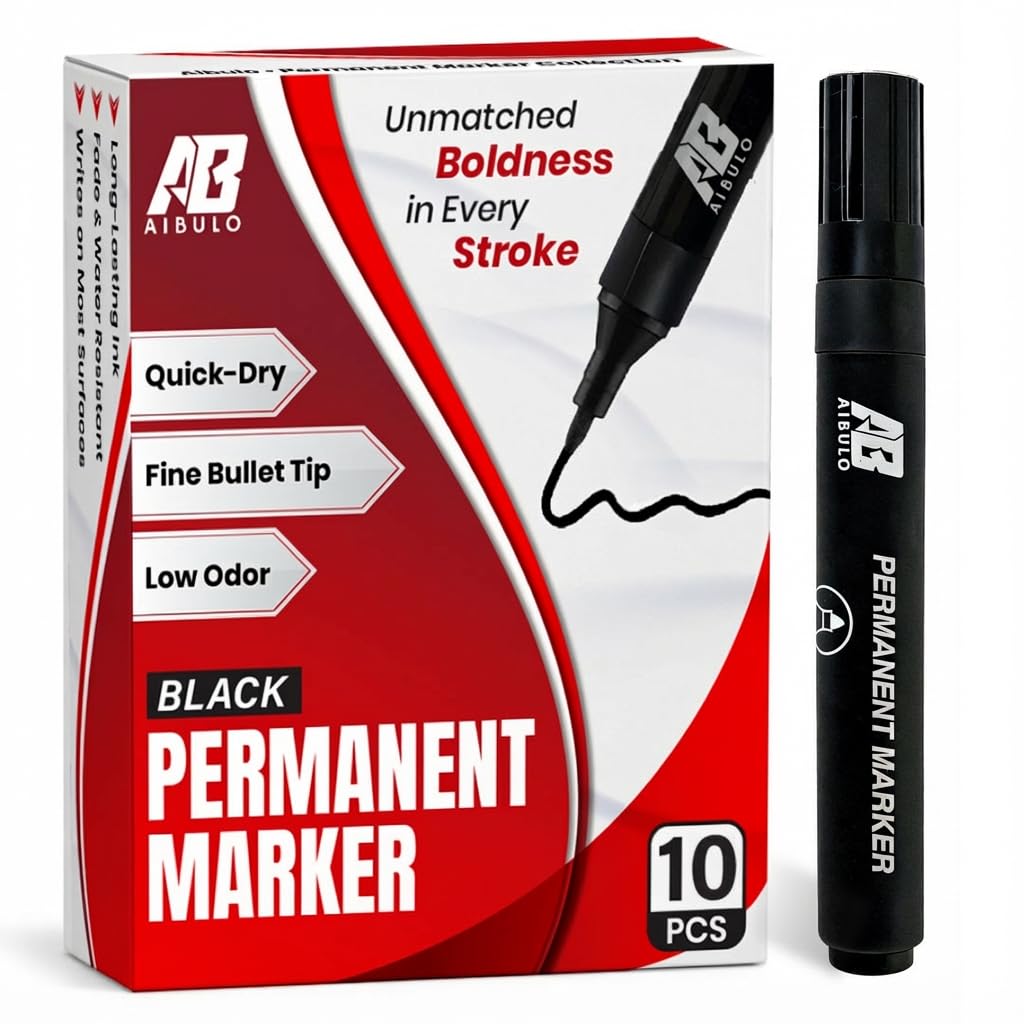 AIBULO 10 Pack Black Permanent Marker Pens โ Fine Tip Waterproof Markers for Writing, Labeling & Drawing โ Smudge-Proof, Fade-Resistant Marker Pens for Office, Home, School & Daily Use
