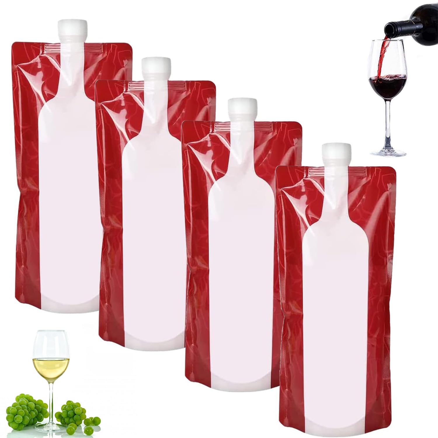 SHANGFENG 4 Pcs Foldable Wine Bag 750ml Portable Drink Pouches Plastic Water Bottle Wine to Go Bag Reusable Plastic Wine Bottle Liquid Leak Proof Flask Holder for Wine Liquor Beverages,Travel