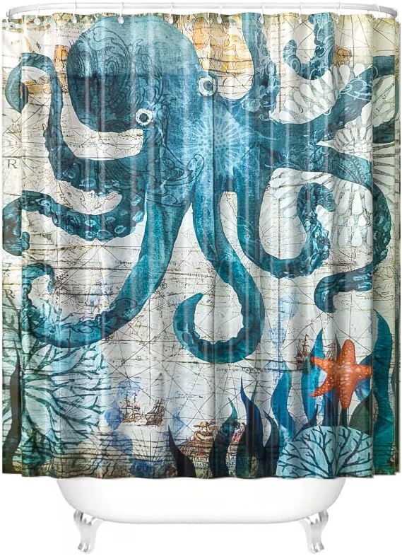 Miniatura 6 de Sikaiqi Cortina de ducha de peces tropicales de dibujos animados para baño y bañera, tema océano azul, impermeable, cortina de ducha lavable de 72 x