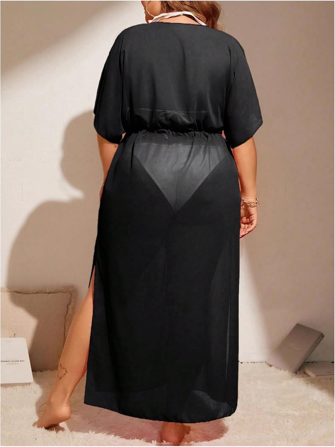 OYOANGLE Women's Plus Size Short Sleeve Beach Kimono Drawstring Waist Flowy Long Cardigans Cover Ups - Image 2