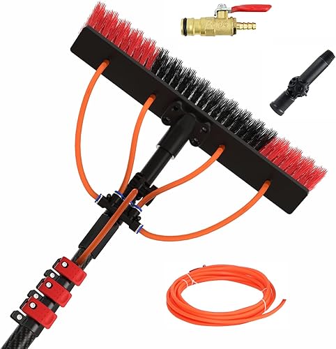 Telescopic Extension Cleaning Kit for Cleaning Window Solar Panels with 4-Hole Water Fed Brush Head Red, for Window, Trucks,30FT9M