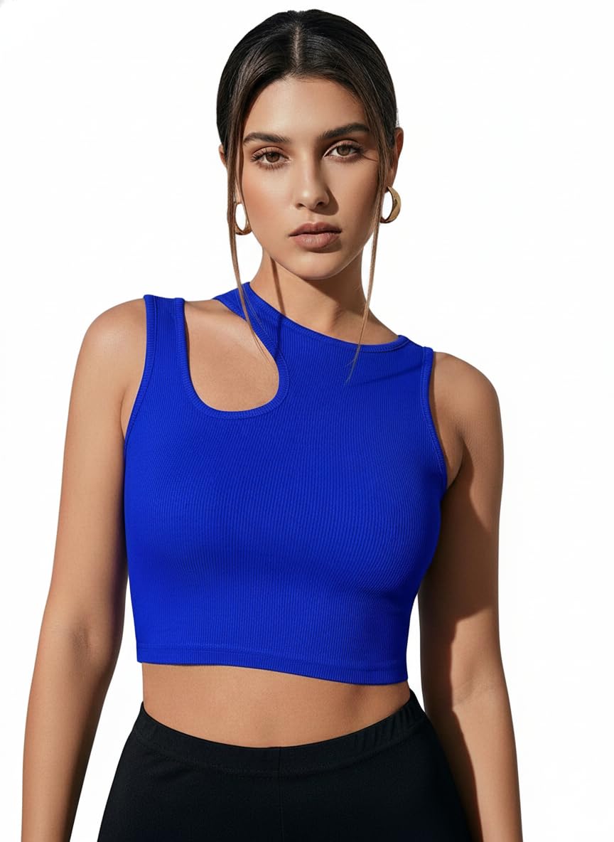 istyle can Women Royal Blue Ribbed High Neck Keyhole Crop Top | Sleeveless Stretch Fit-picture-10