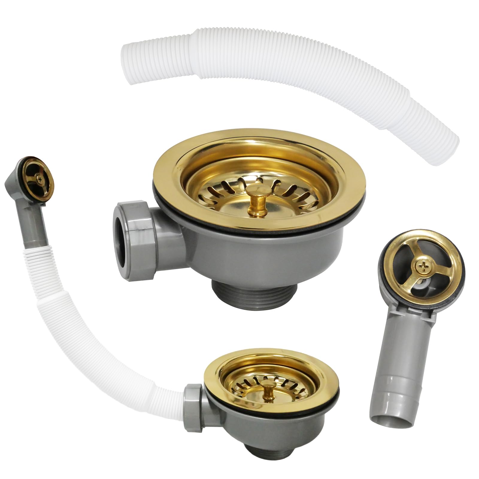 Kit de vidange d'évier de cuisine Inodiref avec tuyaux de trop-plein, kit de trop-plein d'évier de cuisine en acier inoxydable doré, filtre d'évier de cuisine de 114 mm de conception épaissie pour
