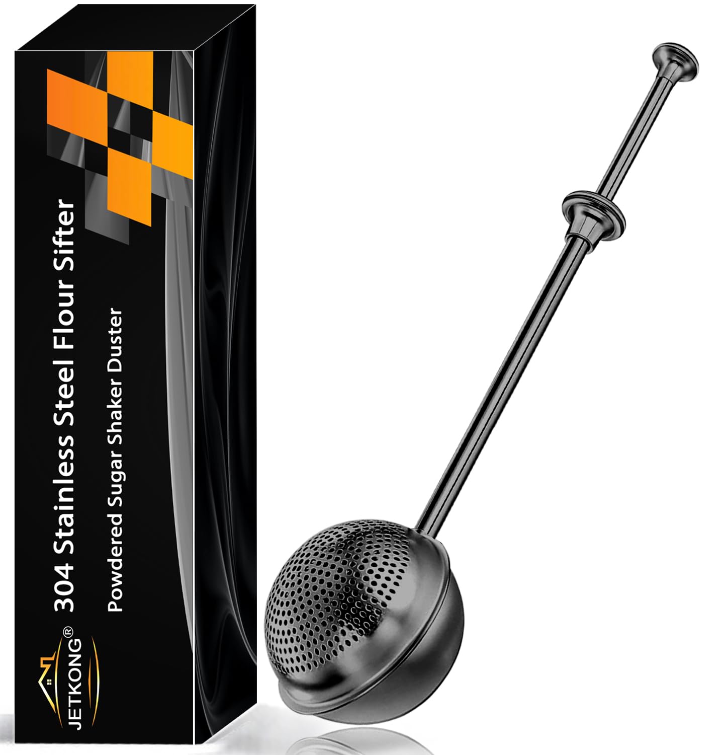 JETKONG Large Flour Duster for Baking, One-Handed Operation Sugar Sifter, 304 Stainless Steel Dusting Wand, Flour Sprinkler for Bread Baking (Large, Black)
