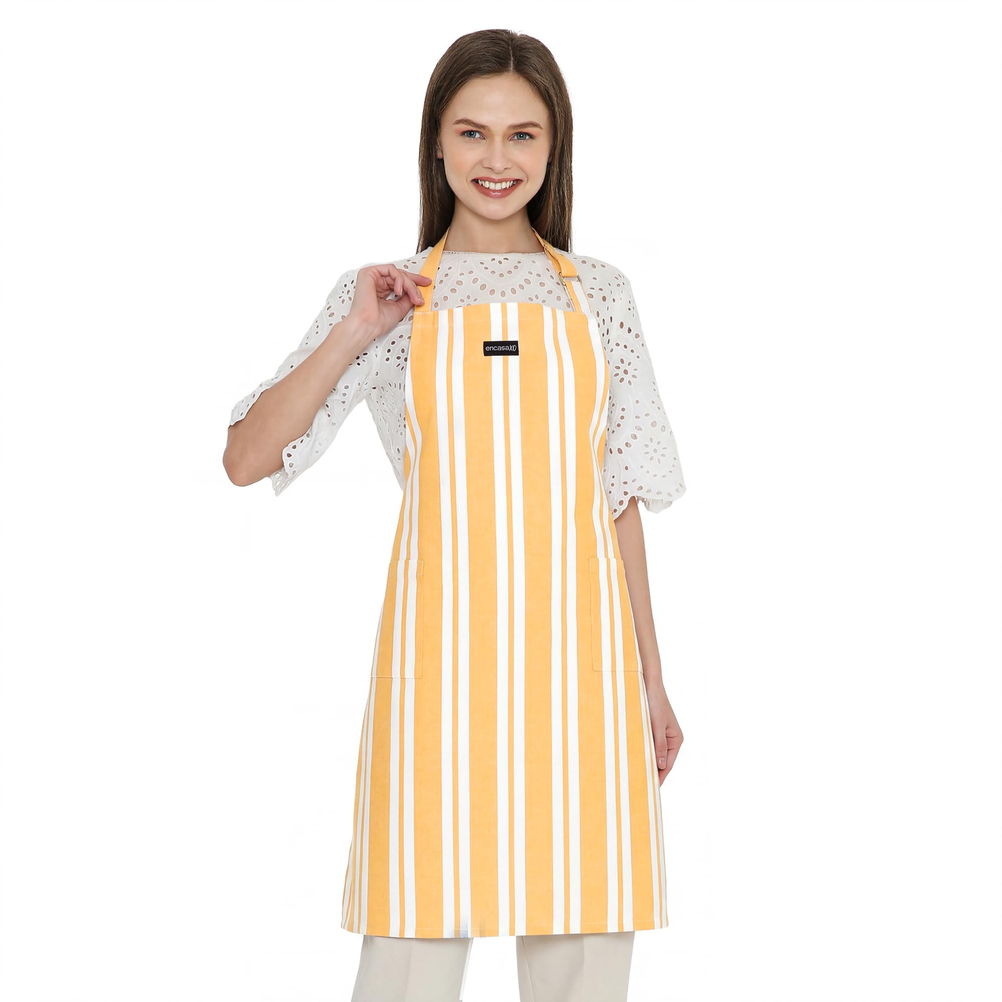 Encasa XO Adjustable Kitchen Cotton Apron With Pockets & Towel Holder Of Size 68x85 cm (Franca Yellow Stripes) for Men & Women Chefs For Cooking & Baking in Home, Restaurants & Barbeque