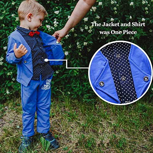 Hzxvic Toddler Boy Gentleman Outfits Suit,Baby Tuxedo Dress Shirt With Bowtie + Pants Clothes Sets(Blue,4T) #TOP2