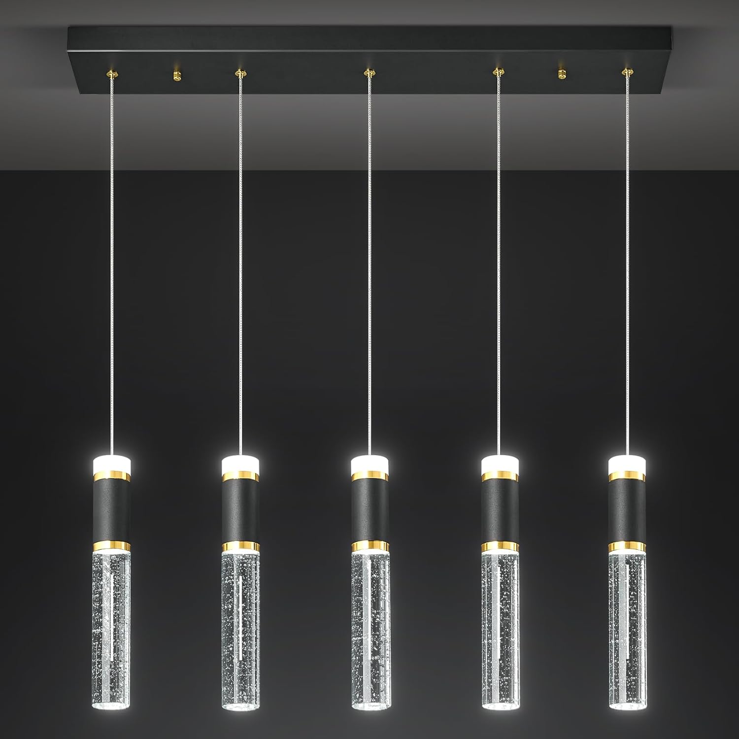 Pendant Lights Kitchen Island, Dimmable LED Pendant Light Fixtures, Black Gold Pendant Light Modern with Bubble Crystal Pendant Light, Pendant Lighting for Kitchen Island Dining Room 5-Light 5l-Light