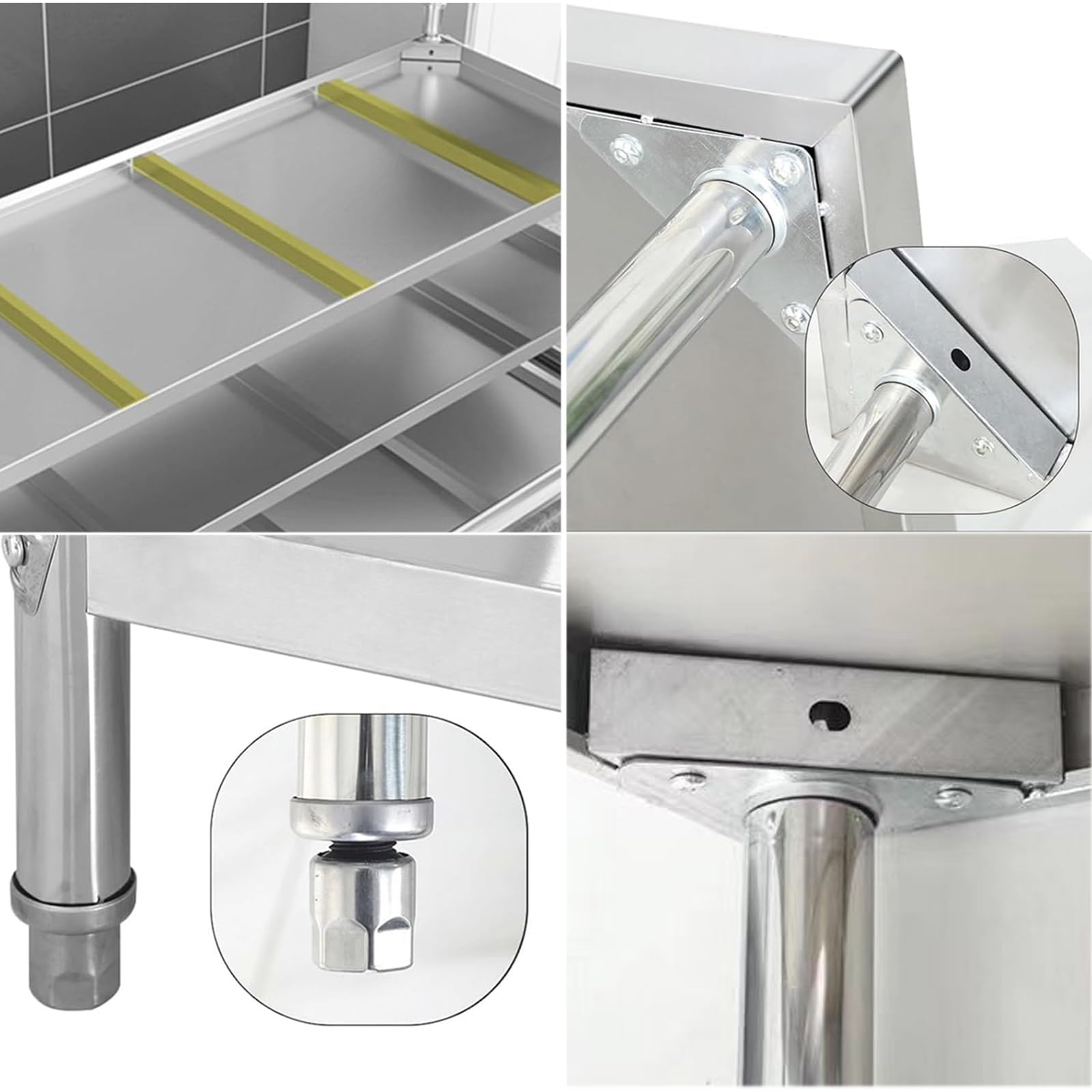 Banco de trabajo de cocina de acero inoxidable, mesa de preparación multifuncional con estante de almacenamiento de tres niveles y patas ajustables, ideal para cocinar y preparar alimentos