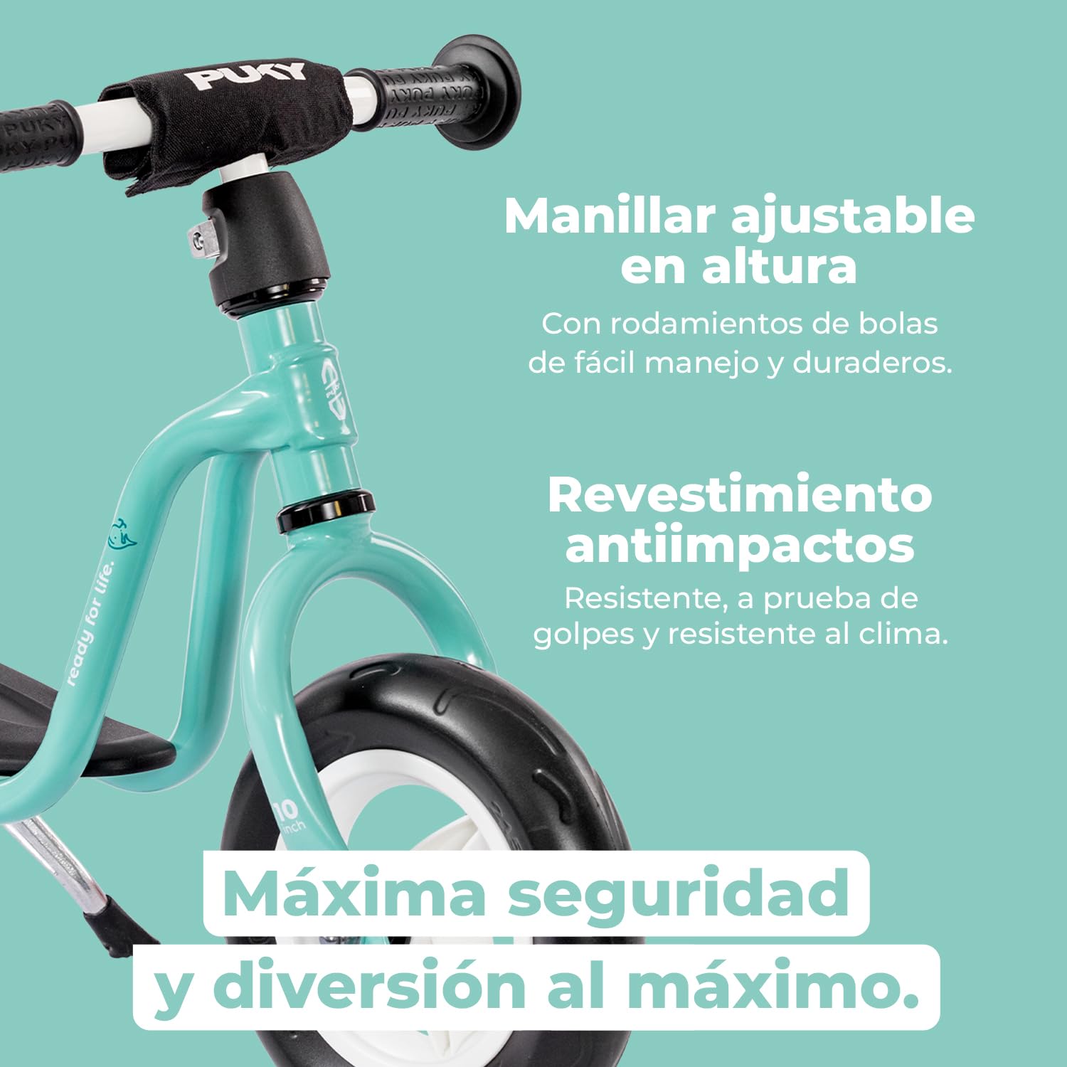 PUKY LR M Aqua Green - Bicicleta de equilibrio a partir de 2 años, juguete para niños a partir de 2 años, scooter infantil con estribo, bicicleta de equilibrio con empuñaduras de seguridad en manillar