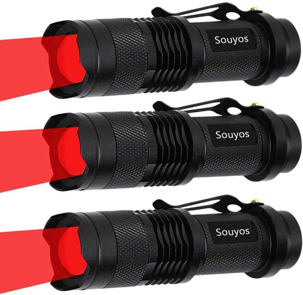 3 Pack Zoomable Long Range Red Hunting Light Flashlight Torch with Clip for Hunting, Detection, Night Observation - Black