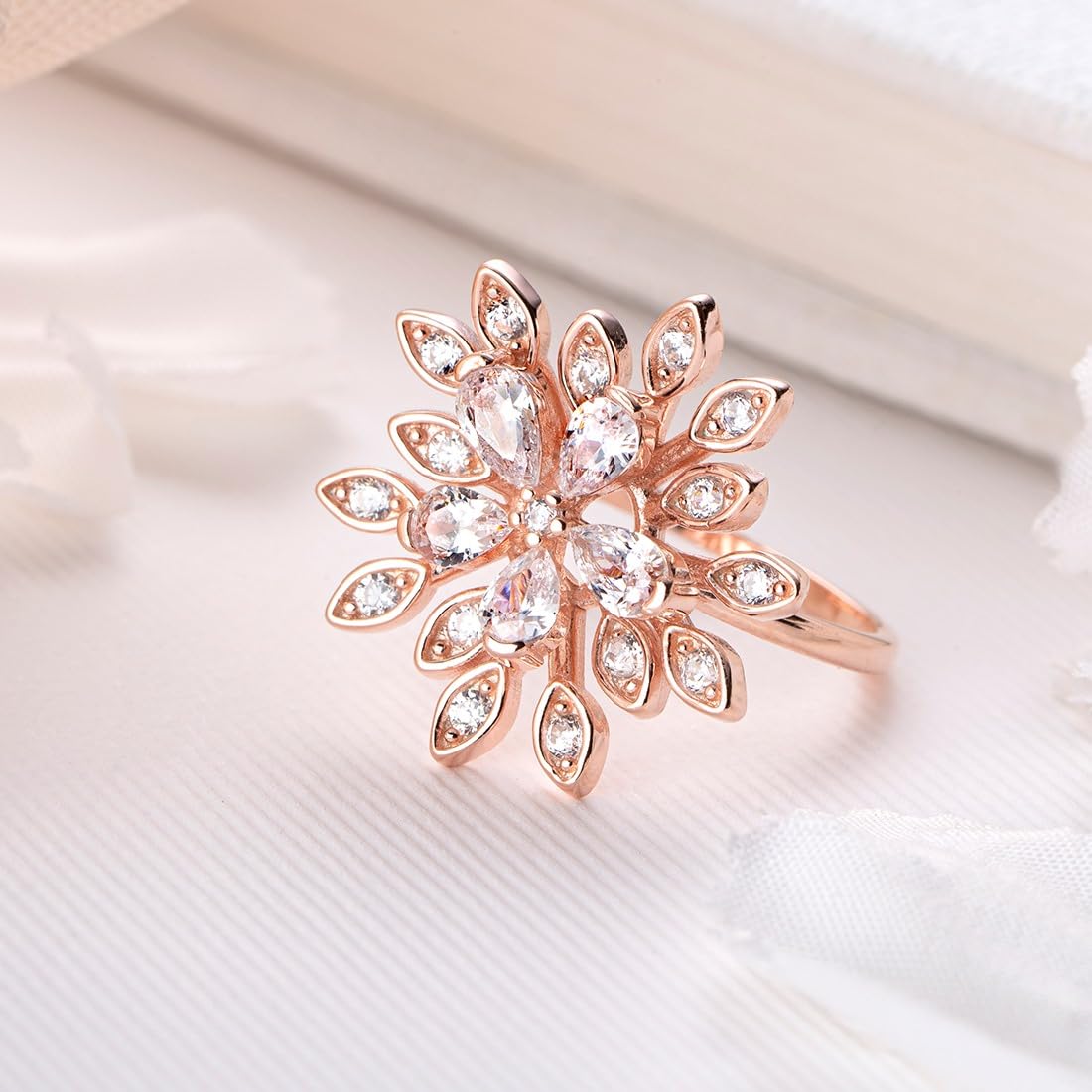 Women's 925 Sterling Silver Floral Studded Rose Plated Ring