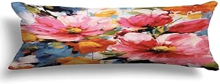 Funda de almohada lumbar decorativa colorida con diseño de rosas rosas y flores brillantes, de 20 x 59 pulgadas de largo, almohada lumbar para cama, almohada lumbar para sofá, funda de almohada