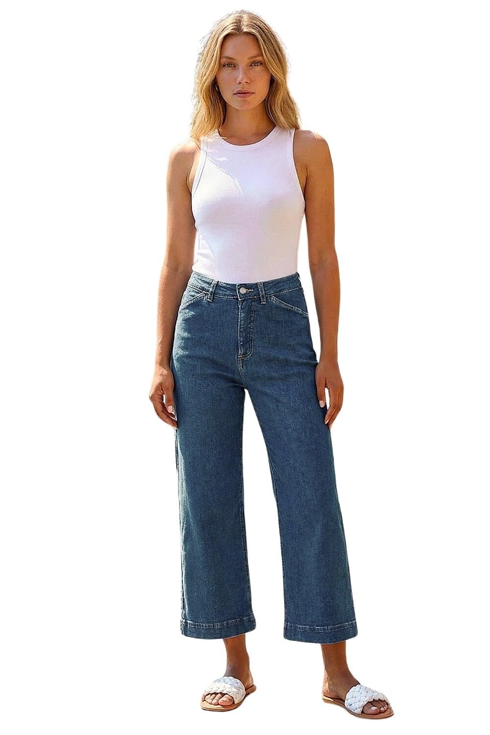 Roman Originials Denim Culottes for Women UK Ladies Cotton Cropped Trouser Wide Leg Jean Stretch Pants Capri 3/4 Length Three Quarter Summer Loose Casual Spring - Denim - Size 18