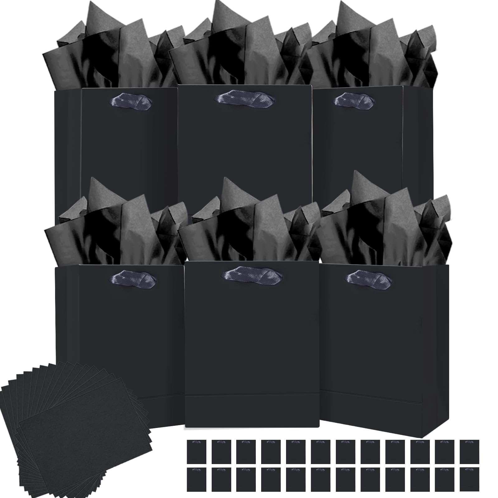 qiqee 24pcs Black Gift Bags with Tissue Paper for Wedding, Birthday, Party Supplies-7.9"x4.3"x9.6" Medium Size Cardboard Gift Bags（24pcs Bags + Tissue Paper ）
