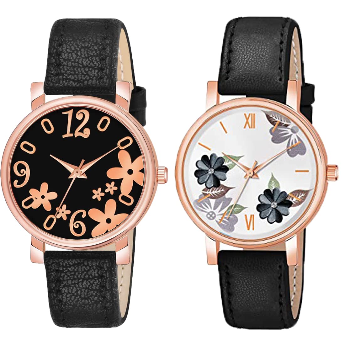 GOLDENIZE FASHION Analogue Round Dial Leather Flower Pattern Unisex Watch for Women & Girls -Pack of 2 (Black) (B0BRKD2TTS) Amazon Price History, Amazon Price Tracker