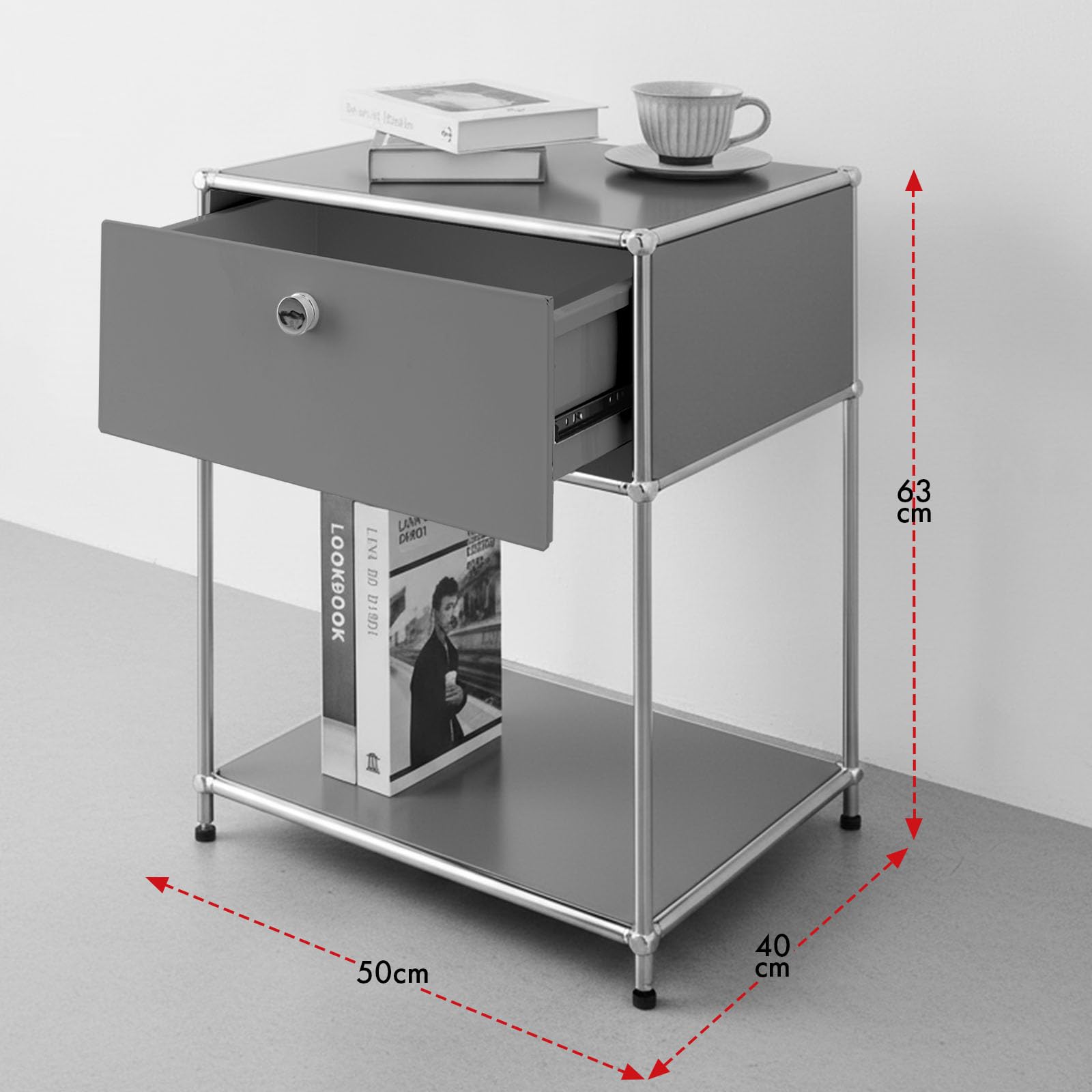 Floordirekt Estantería, estantería de metal, mesa auxiliar - Gris, cromo, 63Hx50Ax40P cm - Sistema modular de enchufes en diseño moderno, estantería de metal para sala de estar, oficina, pasillo