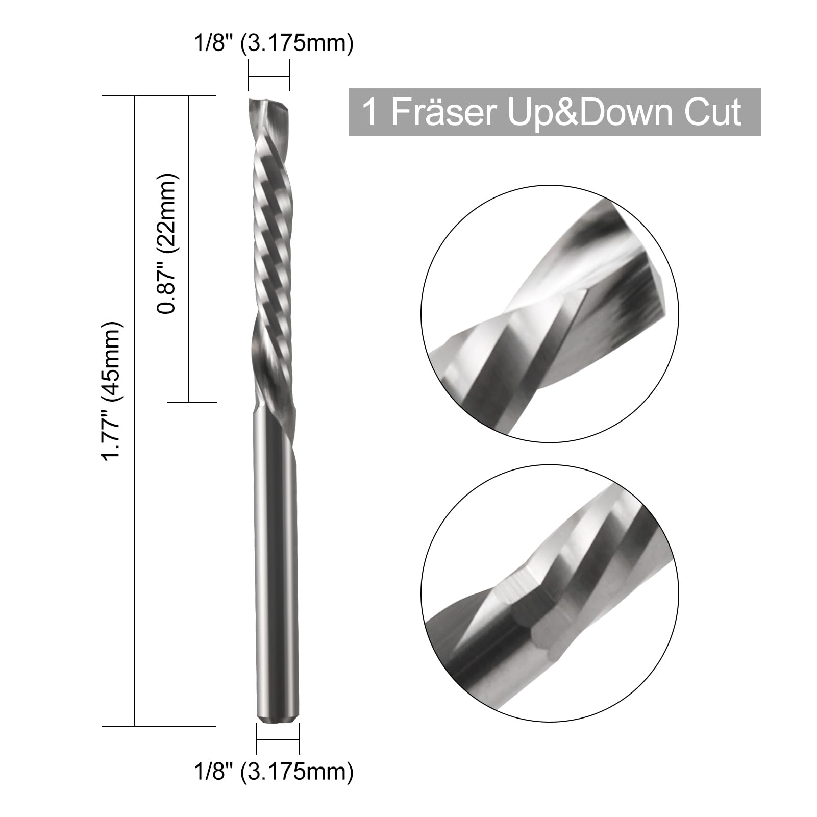 EU_HOZLY 3,175mm Einzellicht Komposit Fräser，1 Fräser UP&DOWN Cut Spirale Router Bit，3.175mm (1/8") Schaft,22mm Schnittlänge, 45mm Gesamtlänge CNC Fräser Bit Holz 10 Stück(3.175 * 22 * 45)