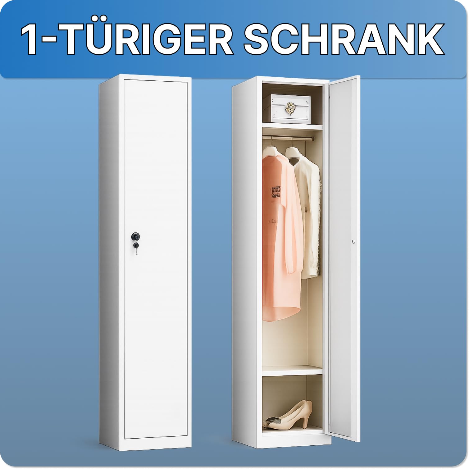 Garderobenschrank abschließbar [180 x 38 x 42 cm] – schmaler Kleiderschrank aus Metall mit 1 Tür, Schloss, Kleiderstange & Ablagen – Spind für Büro, Flur & Schlafzimmer (Grau)