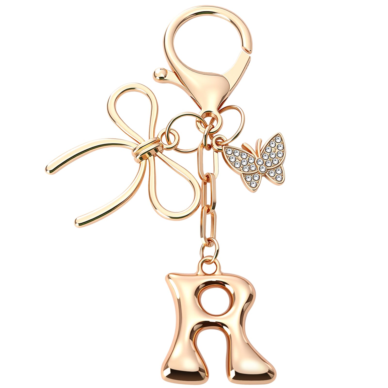 Sylixonae Bubble Initial Keychain with Bow & Butterfly - Gold Letter Bag Charms for Women, Cute Purse Handbag Accessories