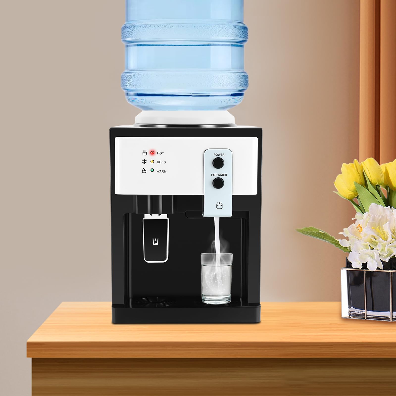Dispensador de agua de mesa, dispensador de agua caliente y frío, 500 W, 75 W, dispensador de agua potable compacto para oficina o hogar, dispensador de agua eléctrico con depósito de acero inoxidable