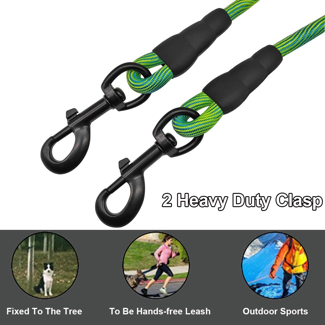 BTINESFUL 8ft 12ft 20ft 30ft 50ft 75ft Dog Tie-Out Long Tether Rope Leash, Outdoor Yard Leash- Large Medium Small Dogs Training, Playing, Camping, Backyard (Green, 12 Foot) - 3