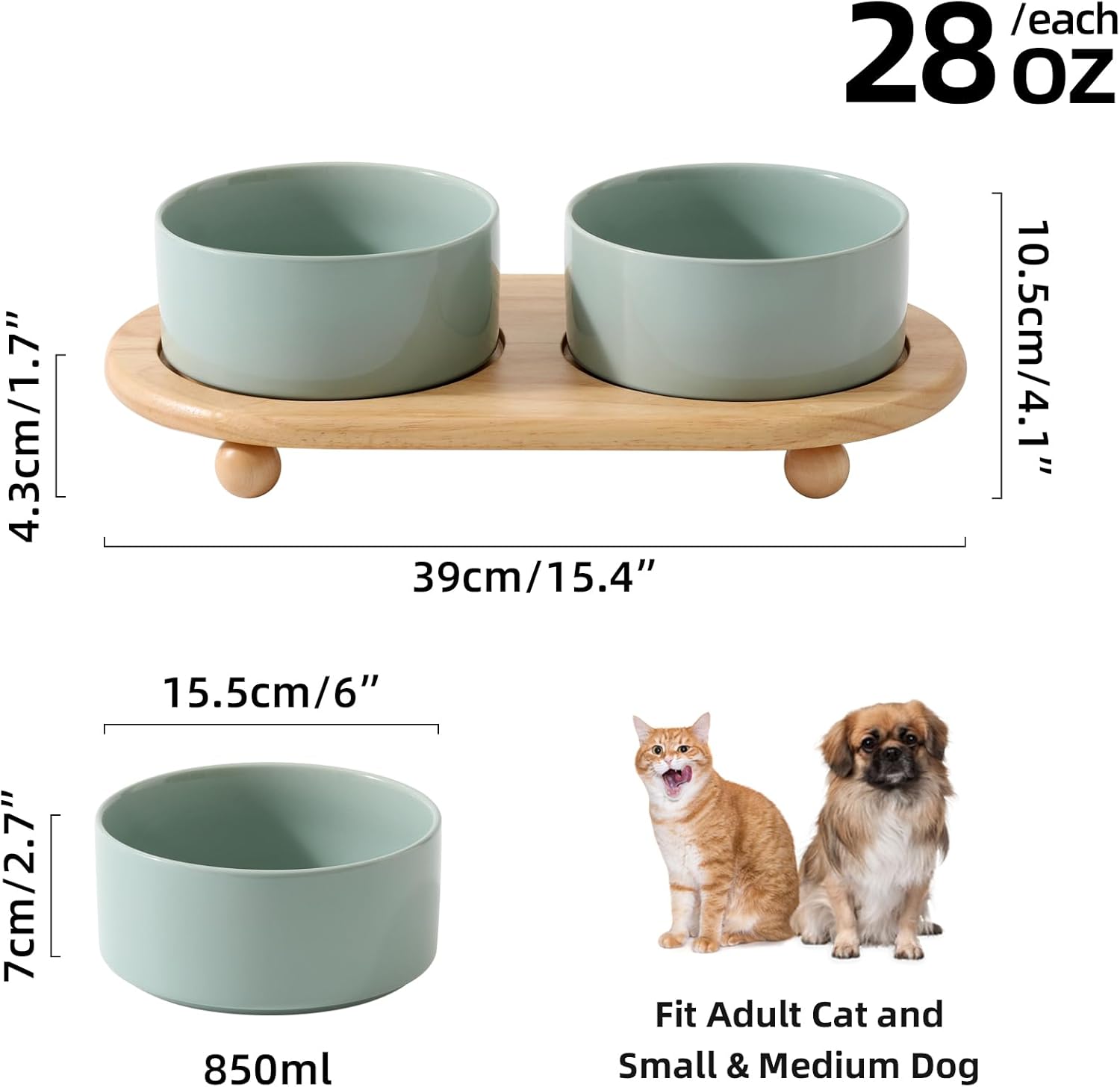 Havniva Ceramic Elevated Dog Bowls, Food and Water Bowls for Dogs, Puppy, Raised Dog Dish, Pet Feeder(6inch, 2 x Light Green + Stand)