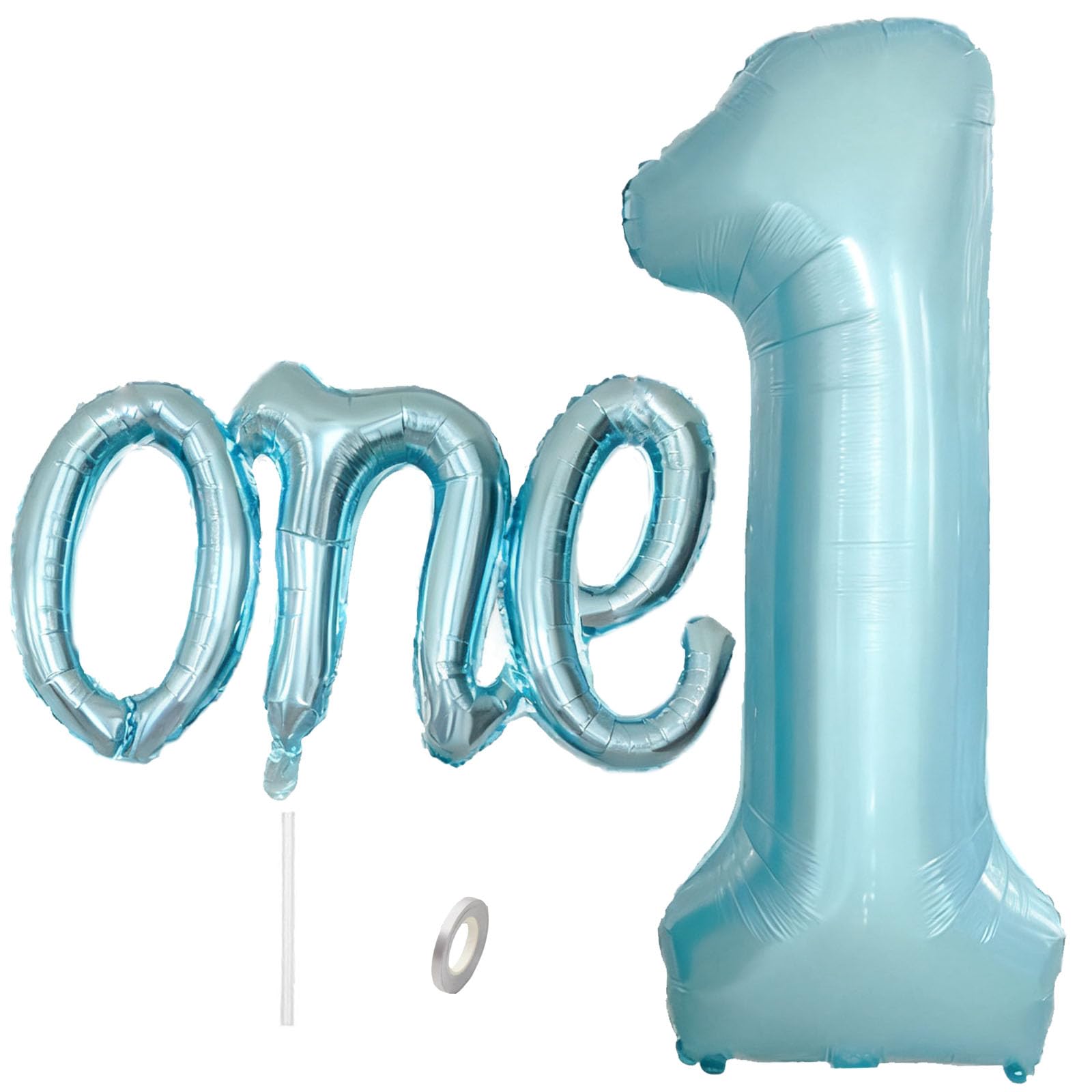 WEILINZHOU 2Pcs Light Blue One Balloon Set, 40inch Large Foil Baby Blue Number 1 Balloon and 26inch Script Letter One Banner for Boy or Girl 1st